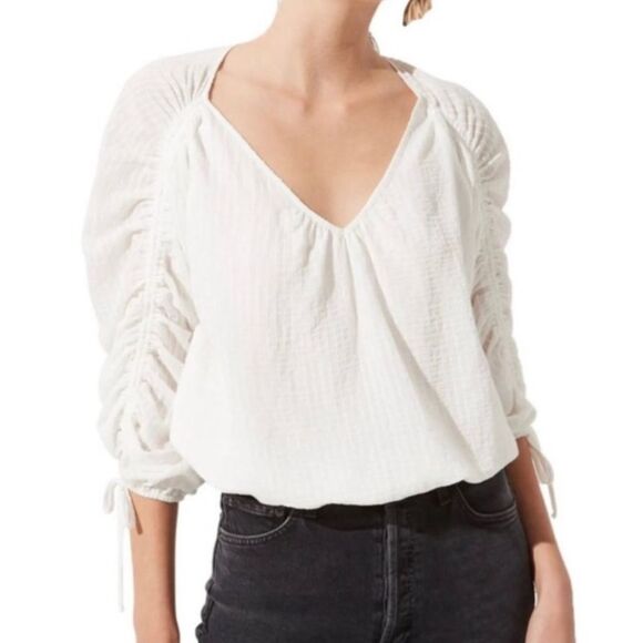 ASTR the Label Ruched Puff Long Sleeve Top White Sheer Pinstripe Blouse VNeck XS - Picture 2 of 15